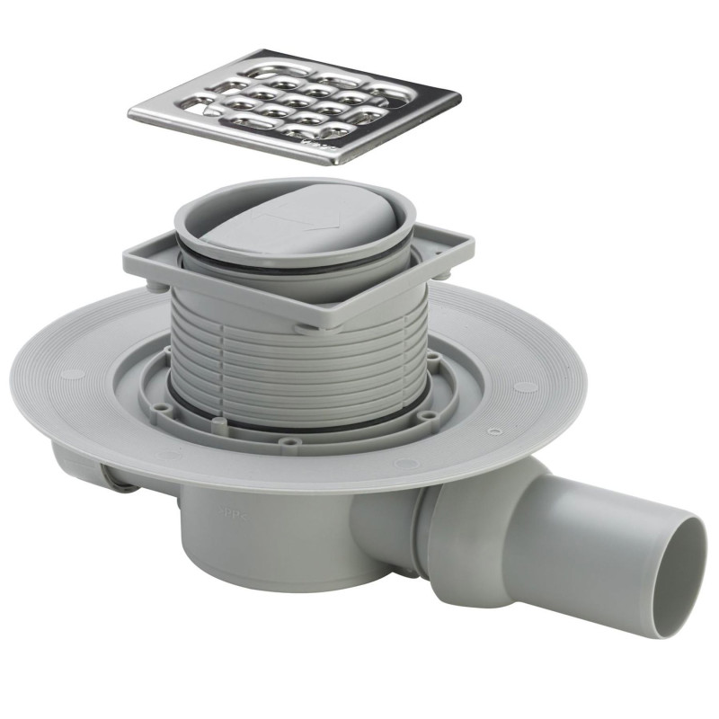 Душовий трап VIEGA 583217  ⌀50, 100*100мм, решiтка нержавіюча сталь ,з сухим затвором, горизонтальний    