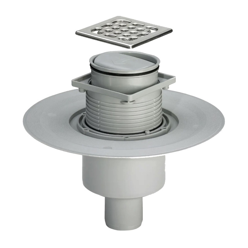Душовий трап VIEGA 583224 ⌀50,100*100 мм, решітка нержавіюча сталь, з сухим затвором, вертикальний 