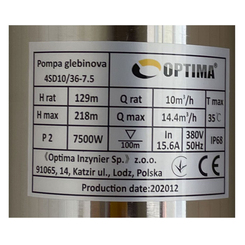 Насос свердловинний OPTIMA 4SD10/36 7,5 кВт 218м 3-фазний