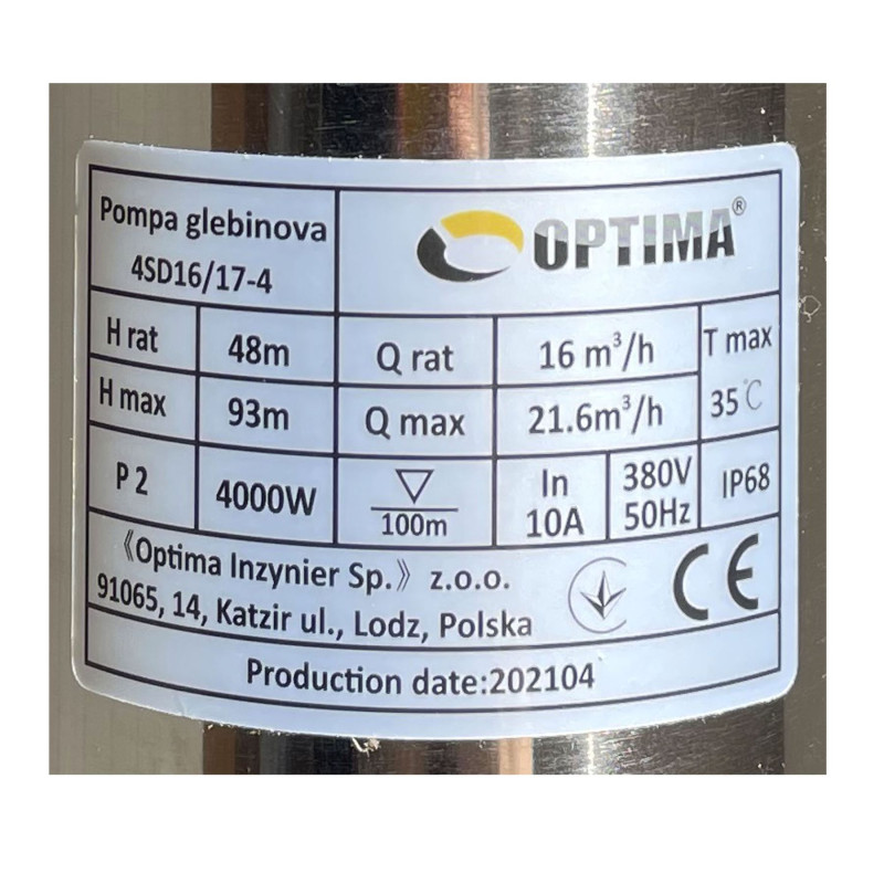 Насос свердловинний OPTIMA 4SD16/17 4 кВт 93м 3-фазний