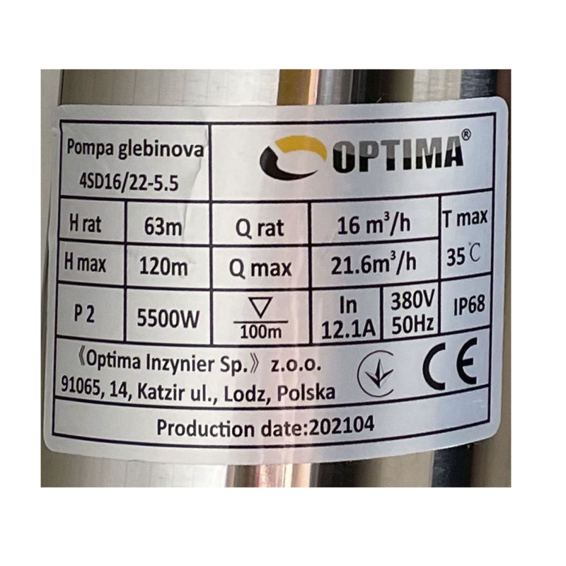 Насос свердловинний OPTIMA 4SD16/22 5,5 кВт 120м 3-фазний
