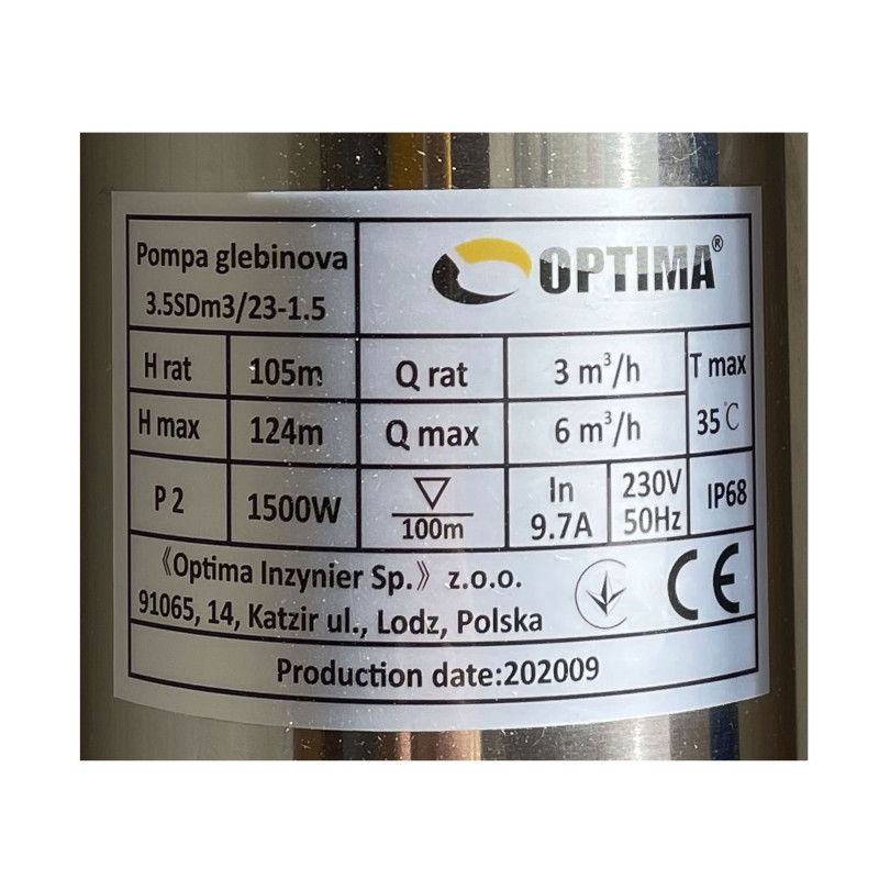 Насос свердловинний OPTIMA 3,5SDm3/23 1,5 кВт 124м кабель 1,5м NEW