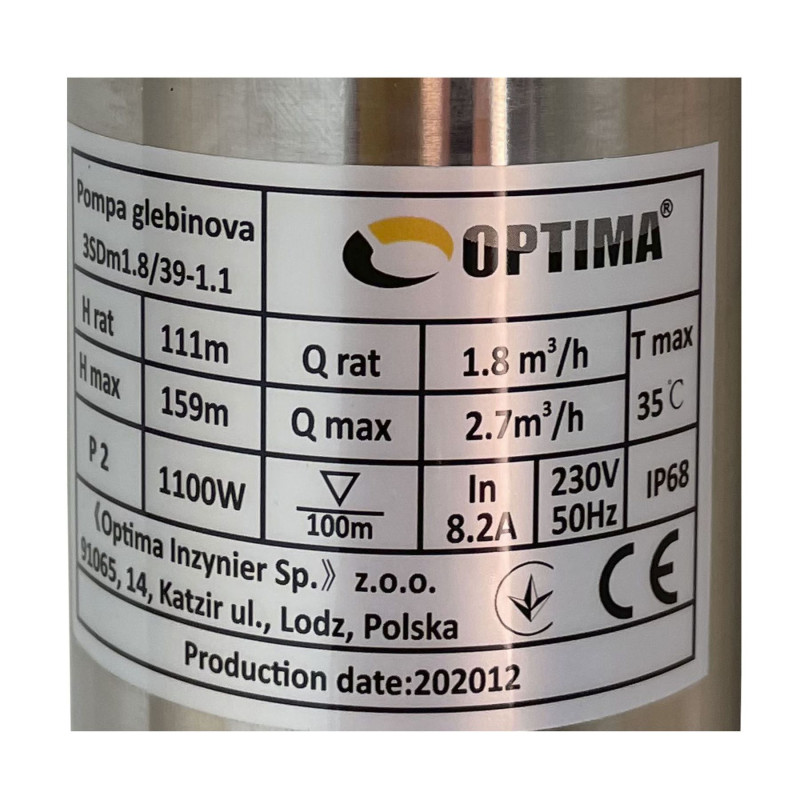 Скважинный насос 3" OPTIMA 3SDm1,8/39 1,1 кВт 159м +пульт+кабель 1,5м