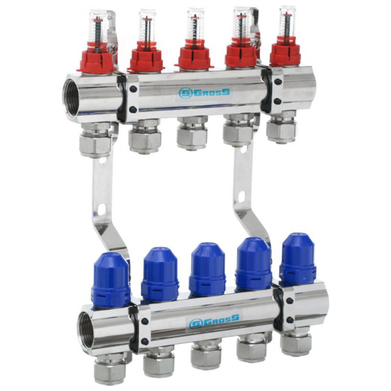 Коллектор в сборе Gross  (8504) 1"-3/4" -  5 выходов, никель