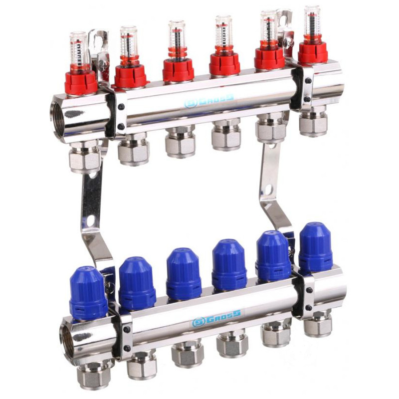 Коллектор в сборе Gross  (8504) 1"-3/4" -  6 выходов, никель