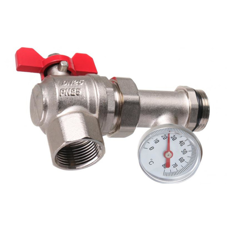 Кран  для коллектора с термометром угловой 1" Gross