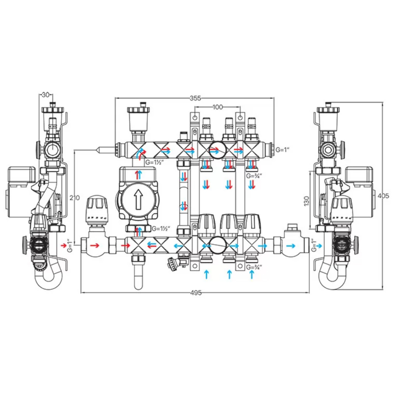 Коллектор на 3 контура Koer KR.S1013-3 1" 3 SUS304, 3/4-16 со смесительным узлом, евроконус