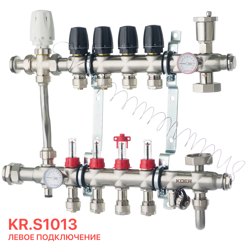 Колектор на 4 контури KOER KR.S1013-4 1" SUS304, 3 / 4-16 з змішувальним вузлом, євроконус   