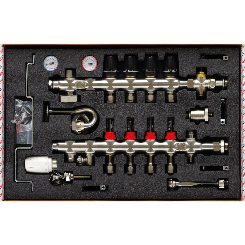 Колектор на 4 контури KOER KR.S1013-4 1" SUS304, 3 / 4-16 з змішувальним вузлом, євроконус   