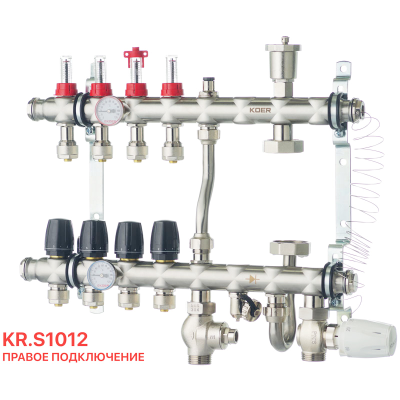 Колектор на 4 контури Koer KR.S1012-4 1 " SUS304 3 / 4-16 з змішувальним вузлом, євроконус   