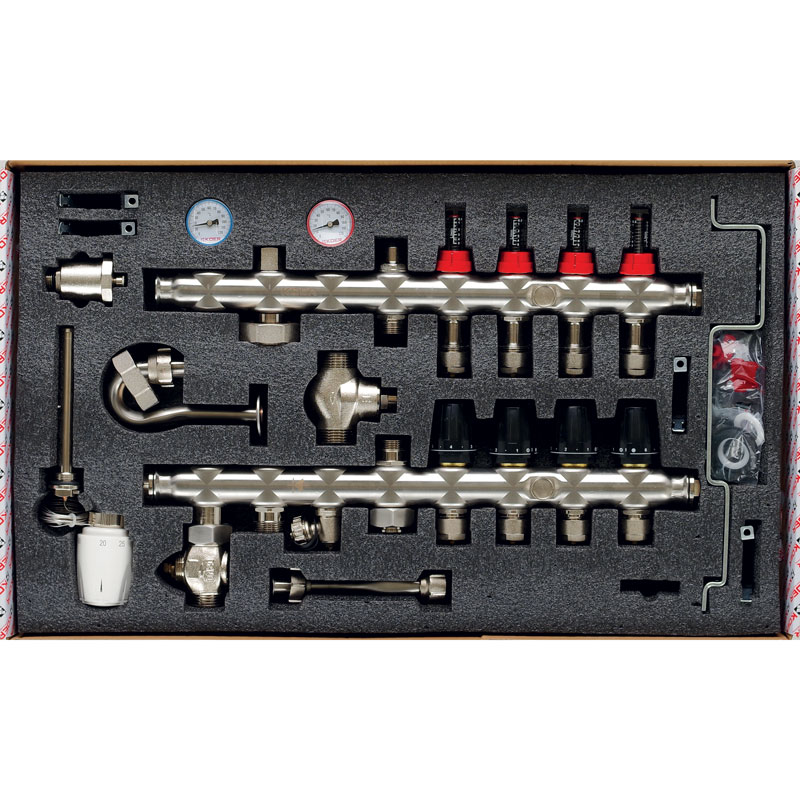 Колектор на 4 контури Koer KR.S1012-4 1 " SUS304 3 / 4-16 з змішувальним вузлом, євроконус   