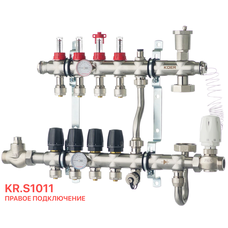 Колектор на 4 контури Koer KR.S1011-4 1", SUS304 3/4-16 з змішувальним вузлом, євроконус 