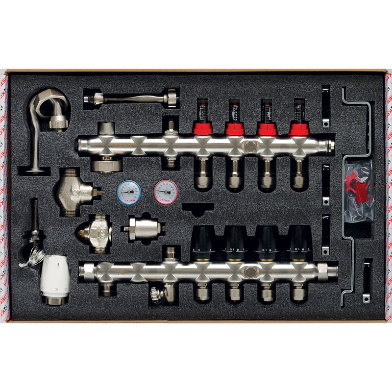 Колектор на 4 контури Koer KR.S1011-4 1", SUS304 3/4-16 з змішувальним вузлом, євроконус 