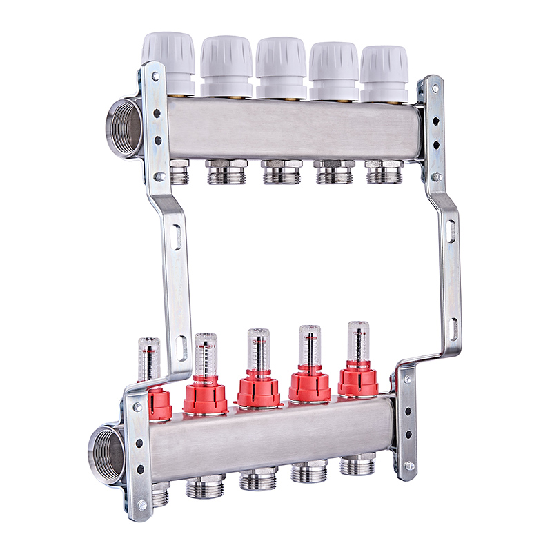 Коллектор на 5 контуров Nolf NF.2100-05S 1" с расходомерами, нержавеющая сталь.