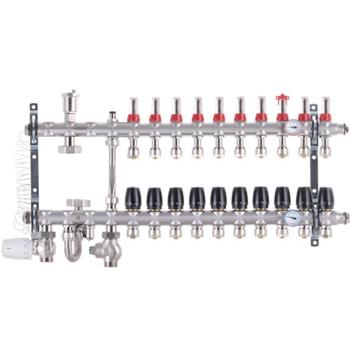 Коллектор на 10 контуров Koer KR.S1012-10 1" SUS304 со смесительным узлом, евроконус