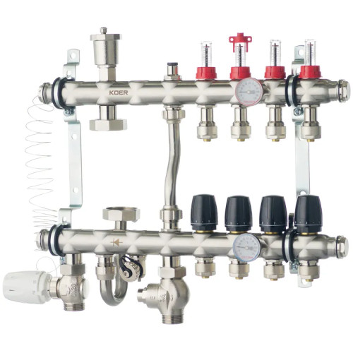 Колектор на 4 контури Koer KR.S1012-4 1 " SUS304 3 / 4-16 з змішувальним вузлом, євроконус   
