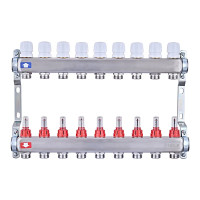 Коллектор на 9 контуров Nolf NF.2100-09S 1" с расходомерами, нержавеющая сталь.