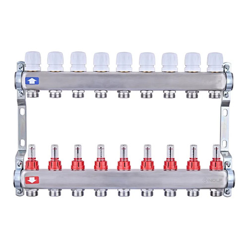 Коллектор на 9 контуров Nolf NF.2100-09S 1" с расходомерами, нержавеющая сталь.