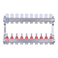 Коллектор на 10 контуров Nolf NF.2100-10S 1" с расходомерами, нержавеющая сталь.