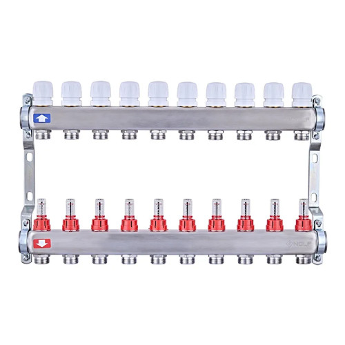 Коллектор на 10 контуров Nolf NF.2100-10S 1" с расходомерами, нержавеющая сталь.