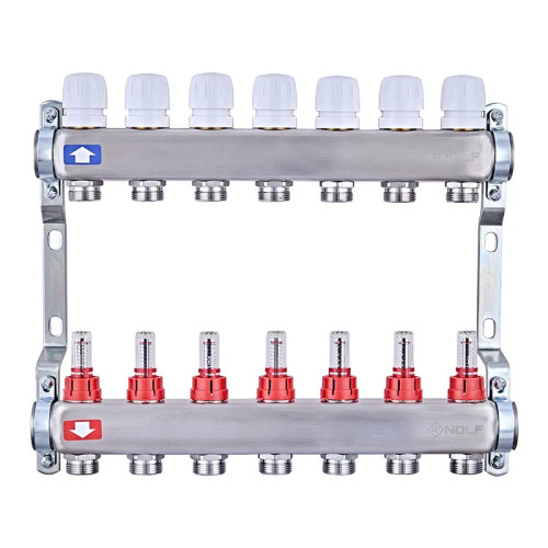 Коллектор на 7 контуров Nolf NF.2100-07S 1" с расходомерами, нержавеющая сталь.