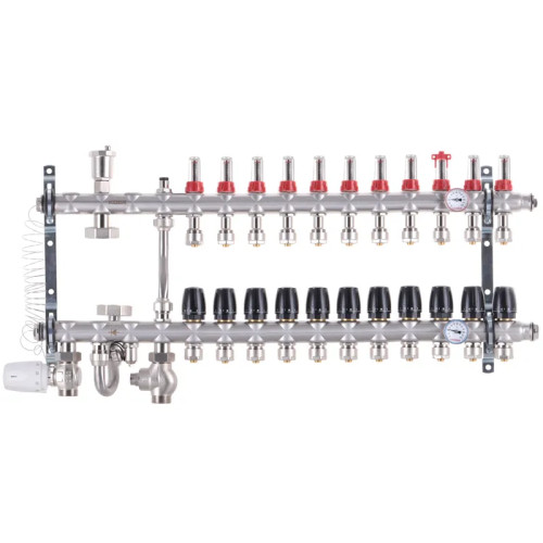 Коллектор на 11 контуров Koer KR.S1012-11 1" SUS304 3/4-16 со смесительным узлом, евроконус
