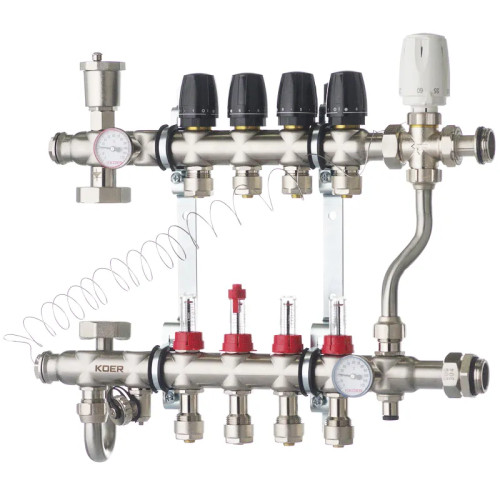 Колектор на 4 контури KOER KR.S1013-4 1" SUS304, 3 / 4-16 з змішувальним вузлом, євроконус   