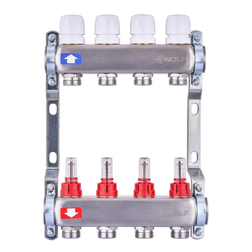Коллектор на 4 контура Nolf NF.2100-04S 1" с расходомерами, нержавеющая сталь.