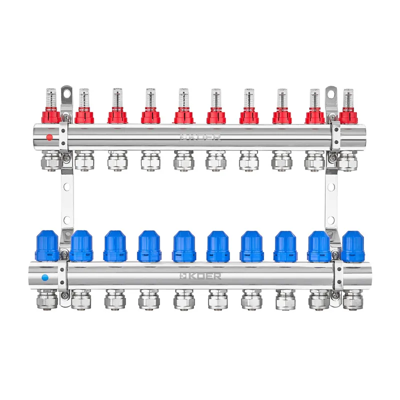 Колектор на 10 контурів Koer KR.1210-10 - 1" х10 з витратомірами та євроконусами 
