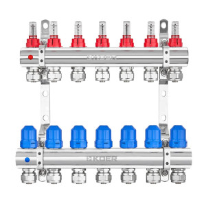 Коллектор на 7 контуров Koer KR.1210-7 - 1"x7 с расходомерами и евроконусами