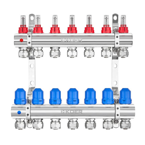 Колектор на 7 контурів Koer KR.1210-7 - 1"x7 з витратомірами та євроконусами 