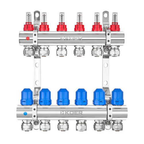 Колектор на 6 контурів Koer KR.1210-6 - 1"x6 з витратомірами та євроконусами 