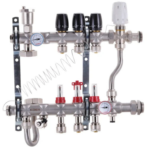 Коллектор на 3 контура Koer KR.S1013-3 1" 3 SUS304, 3/4-16 со смесительным узлом, евроконус