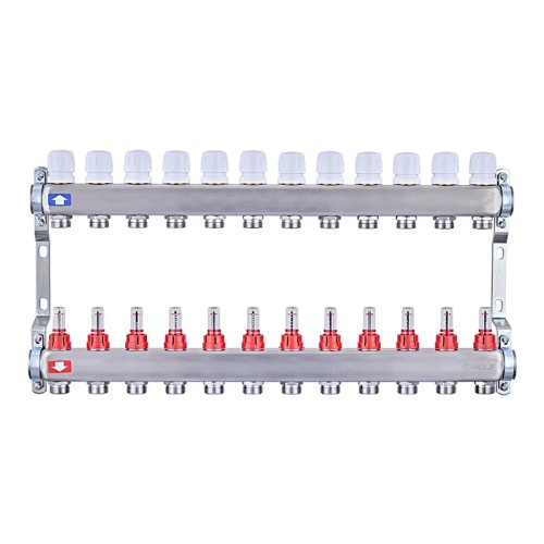 Коллектор на 12 контуров Nolf NF.2100-12S 1" с расходомерами, нержавеющая сталь.