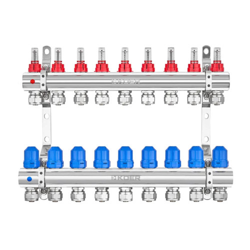 Колектор на 9 контурів Koer KR.1210-9 - 1"x9 з витратомірами та євроконусами 
