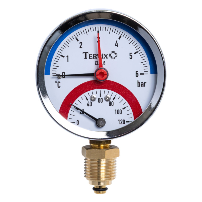 357317 термоманометр Tervix Pro Line 80/0-6 бар, 0-120С, радіальний, з монтажним клапаном 1/2"