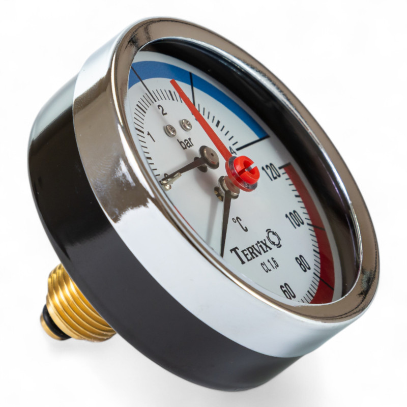 357816 термоманометр Tervix Pro Line 80/0-4 бар, 0-120 С аксіальний, з монтажним клапаном 1/2"