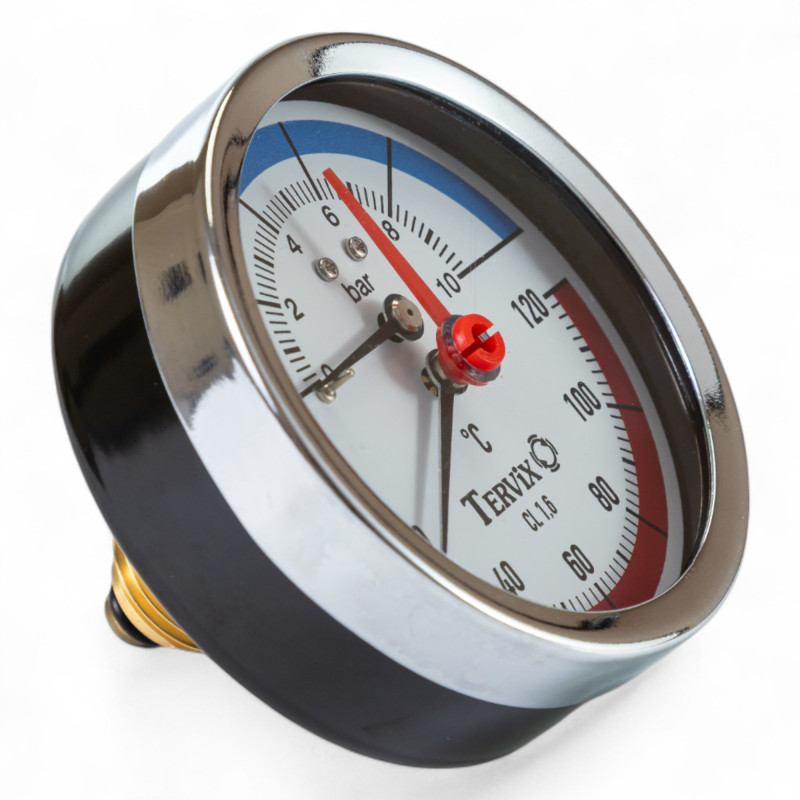 357818 термоманометр Tervix Pro Line 80/0-10 бар, 0-120 С аксіальний, з монтажним клапаном 1/2"