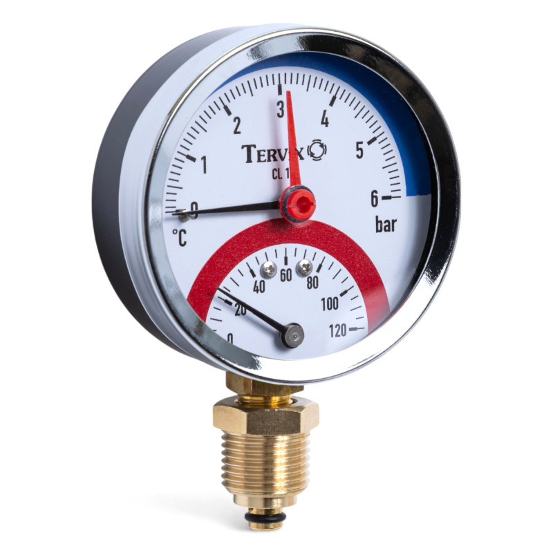 357317 термоманометр Tervix Pro Line 80/0-6 бар, 0-120С, радіальний, з монтажним клапаном 1/2"