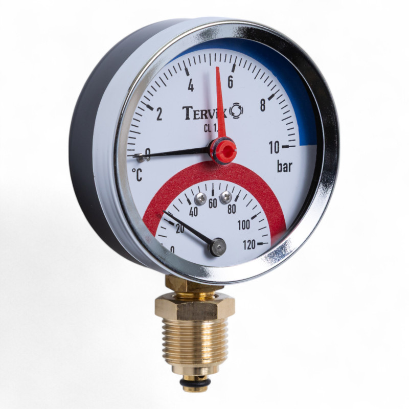 357318 термоманометр Tervix Pro Line 80/0-10 бар, 0-120 С, радіальний, з монтажним клапаном 1/2"
