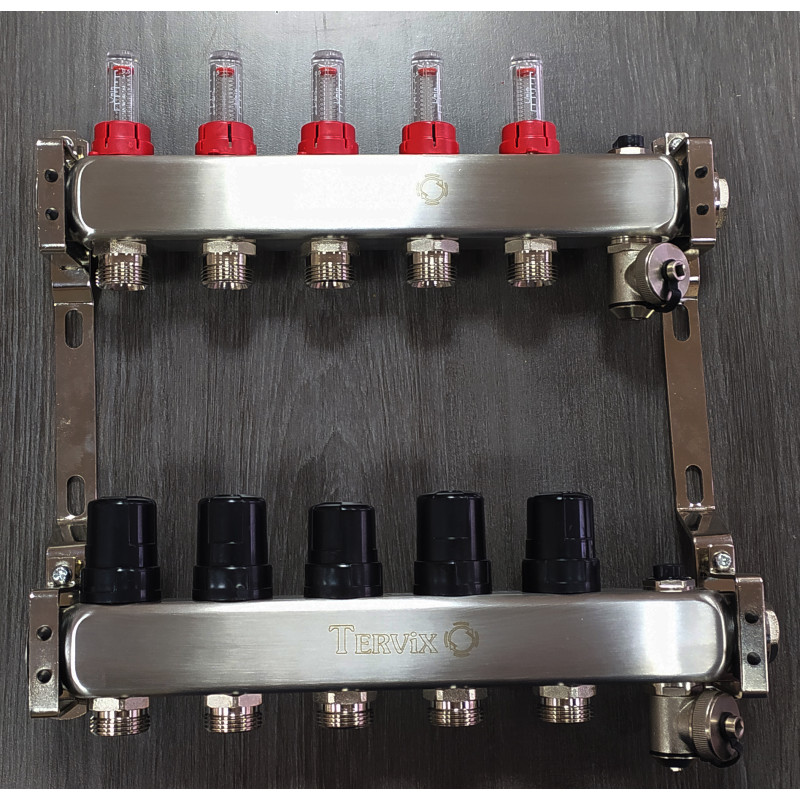 501204 Колектор на 4 контури Tervix Pro Line, з витратомірами, краном Маєвськ та зливним, нерж.сталь 