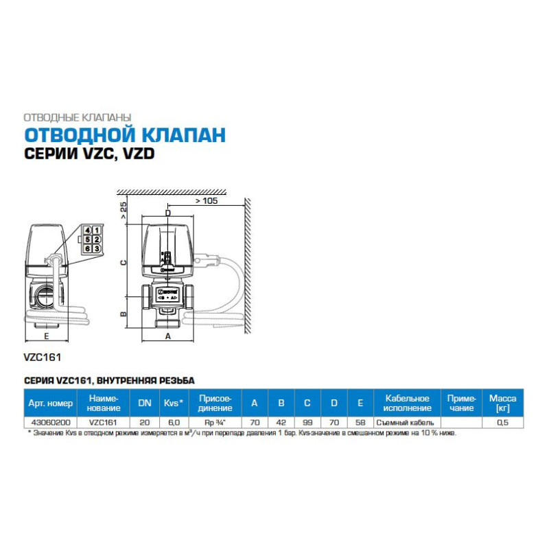 Клапан переключающий ESBE VZC162 DN20 G1" kvs 6,0 230В 2 точки (43060800)