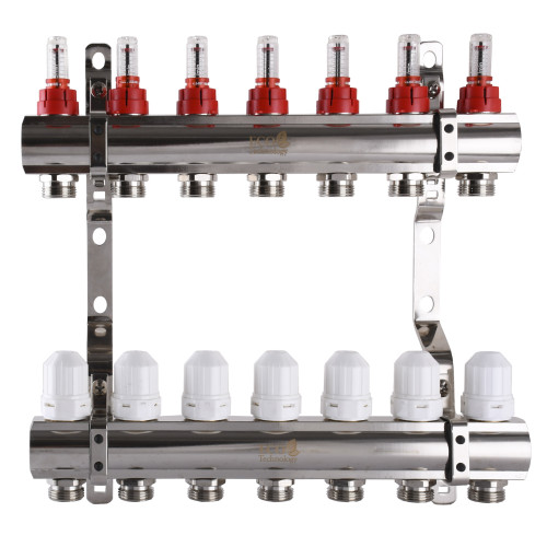 Розподільчий колектор на 7 контурів ECO 001D 1″x7 з вимірювачем витрат, регуляторами та кріпленням