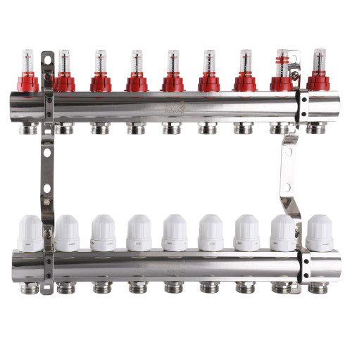 Распределительный коллектор на 9 контуров ECO 001D 1″x9 с измерителем расходов, регуляторами и креплением 