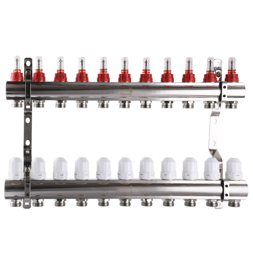 Розподільчий колектор на 11 контрів ECO001D 1″x11 з вимірювачем витрат, регуляторами та кріпленням 
