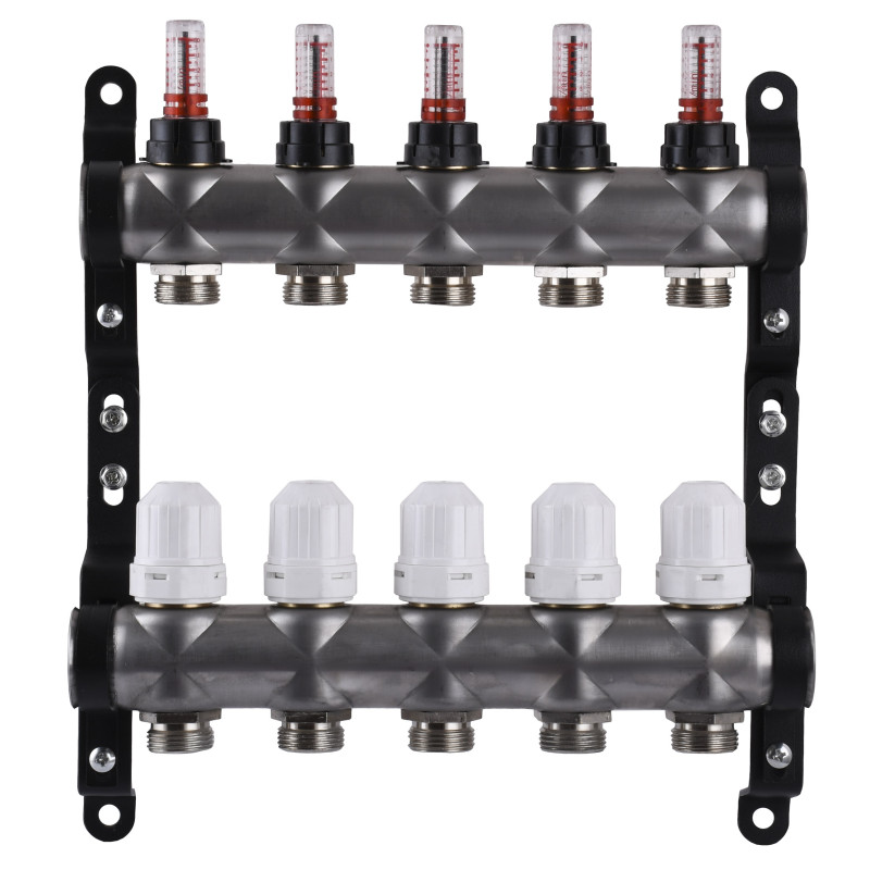 Распределительный коллектор на 5 контуров ЕСО 001N 1″ x5 с измерителем расхода, нержавеющая сталь. 