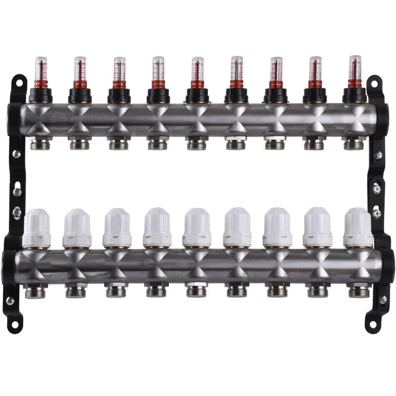 Распределительный коллектор на 9 контуров ЕСО 001N 1″ x9 с измерителем расхода, нержавеющая сталь.