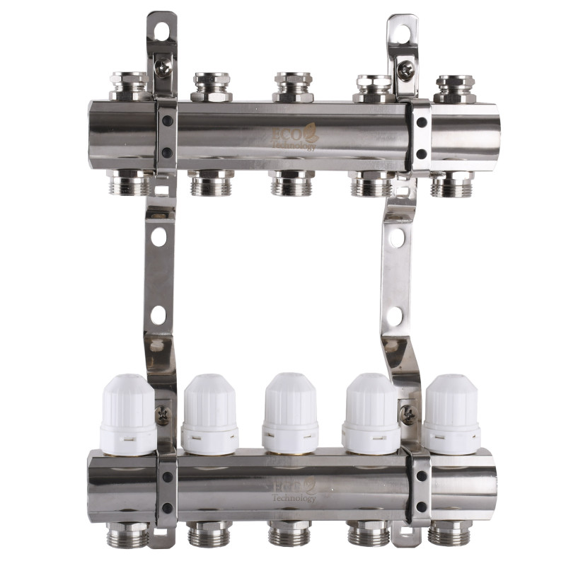 Распределительный коллектор на 5 контуров ECO 001С 1″x5 с регуляторами и креплением 
