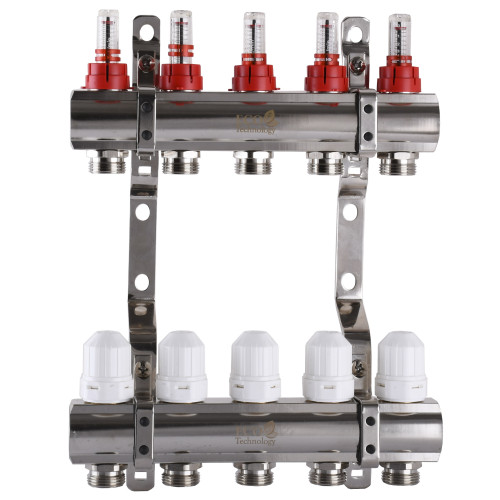 Распределительный коллектор на 5 контуров ECO 001D 1″x5 с измерителем расходов, регуляторами и креплением 