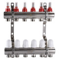 Распределительный коллектор на 6 контуров ECO 001D 1″x6 с измерителем расходов, регуляторами и креплением